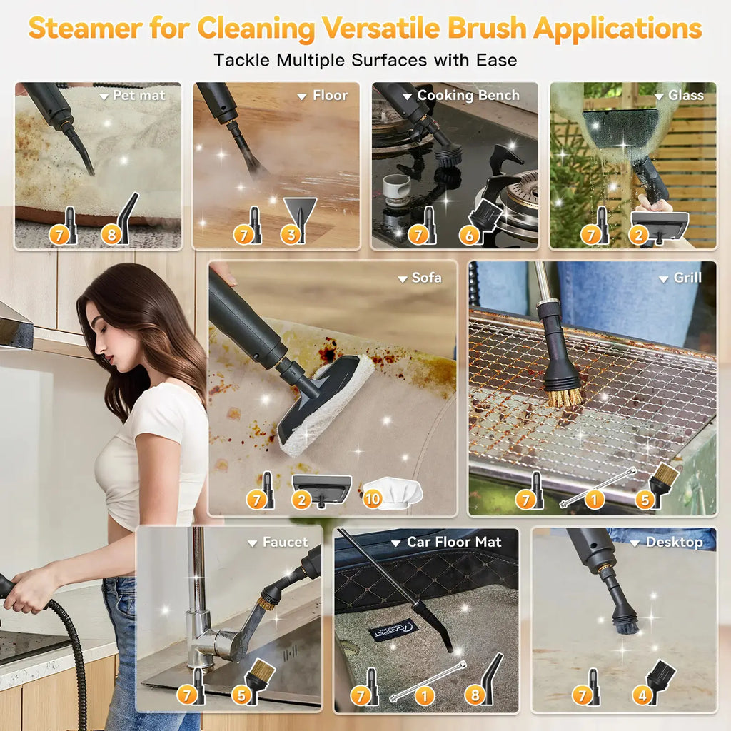 Fast Warm-Up Mobile High-Temp Washing Unit with 1.69 Quart Big Water Container, 15 Multi-Scenario Tool Accessories & 3-Gear Adjustable Handle, Practical Surface Cleaner for Household Floors, Tile Grout and Vehicle Interior Stains & Grease