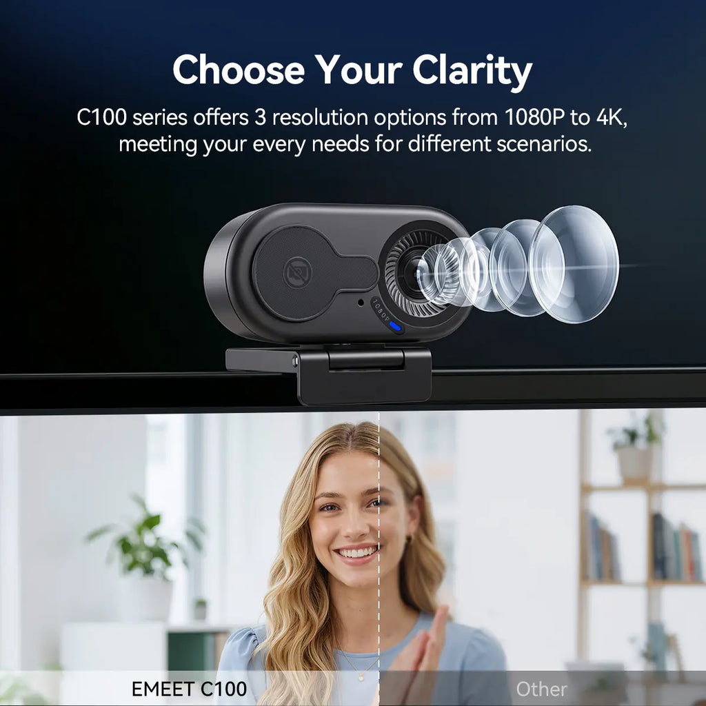EMEET C100 4K External USB Webcam for PC, Fixed Focus, 66° FOV, Built-In Mic, Privacy Cover, Portable Metal Clip, Computer Camera for Home Office, Online Meetings, Desktop/Laptop USB-A, External Usb Webcams