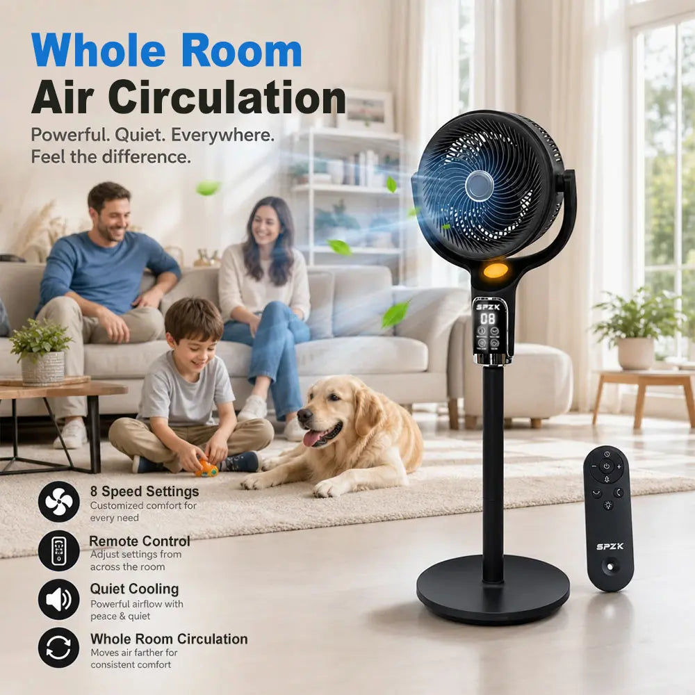 SPZK Air Circulator Pedestal Fan 120° Automatic 4-Way Oscillating Standing Fan, Ultra Quiet Standing Air Circulation Fan with Remote Control, 8 Speed Powerful Oscillating Floor Fan, 9 Hour Timer Adjustable Height Pedestal Fan for Home Sleep Office Use