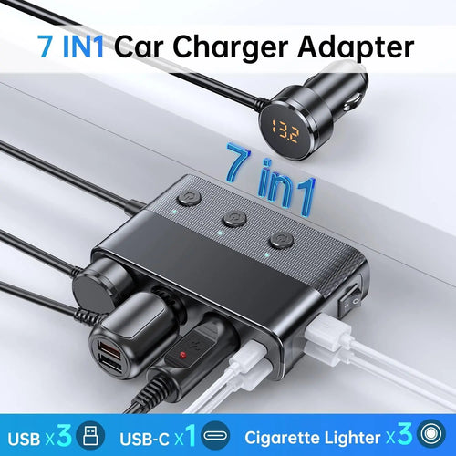 7-In-1 Car Charger Adapter, Automotive Charger, Car Adapters, Type-C Qc3.0 PD 30W Fast Charging, Usb Powered Charging, Dual USB Ports, Usb Car Connector, LED Voltage Display, 12V/24V Plug, 3.3Ft Cable, Multifunctional Charger