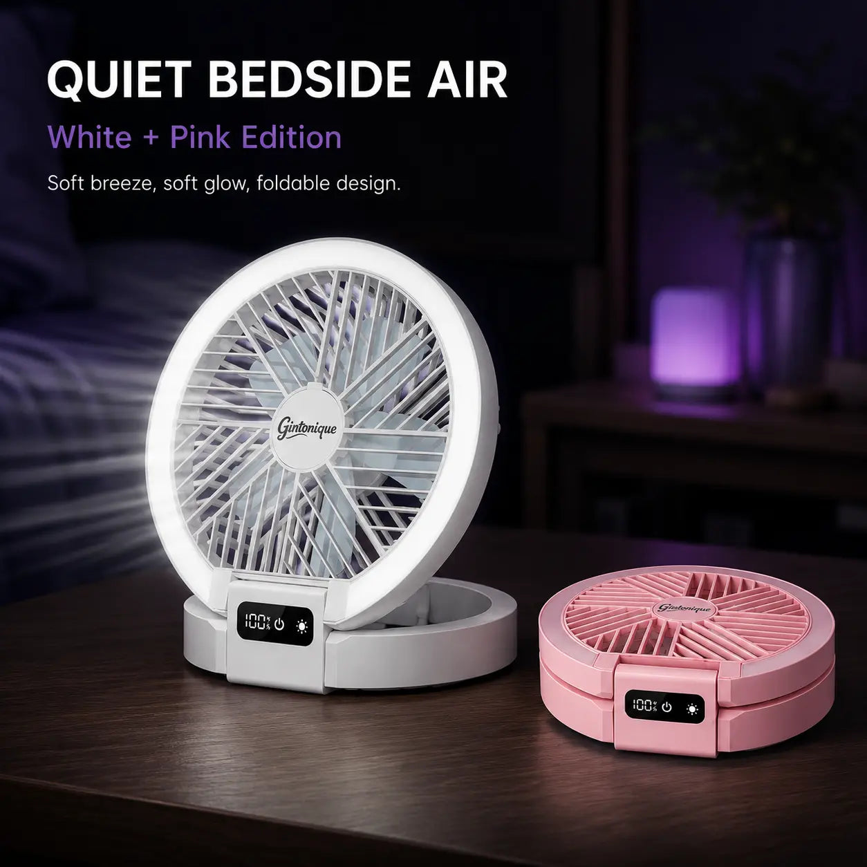 Portable Foldable LED Desk Fan - 5 Wind Speeds, Silent Rechargeable, Stepless Dimming Light, LED Power Display, Aromatherapy Diffuser, Mobile Wireless Compact USB Fan for Home, Travel, Camping, Office