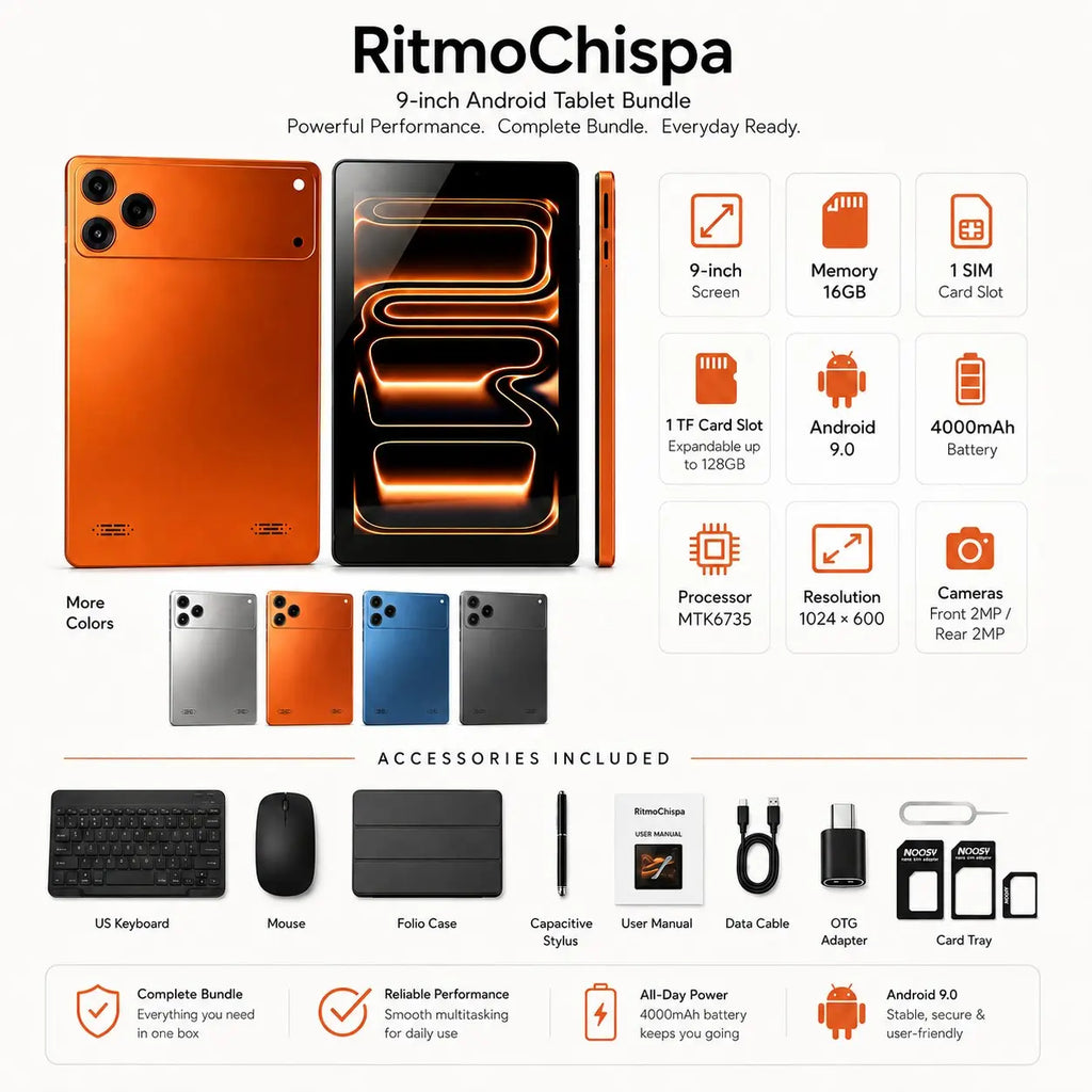 9 Inch Android Tablet, 16GB Storage, SIM & TF Card Slots, Comes with Keyboard, Mouse, Protective Case and USB Charging Cable, Portable Tablet for Study and Entertainment