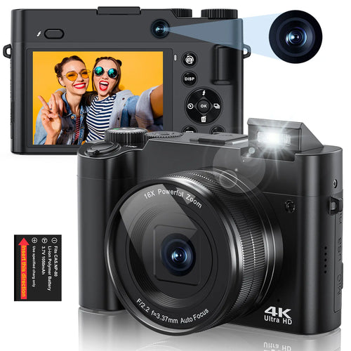 Zostuic Digital Camera 4K 64MP Vlogging Camera with Autofocus Dual Lens 6-Axis Anti-Shake 16X Zoom Compact Camera for Students Beginners Travel Record Perfect Holiday Gift.