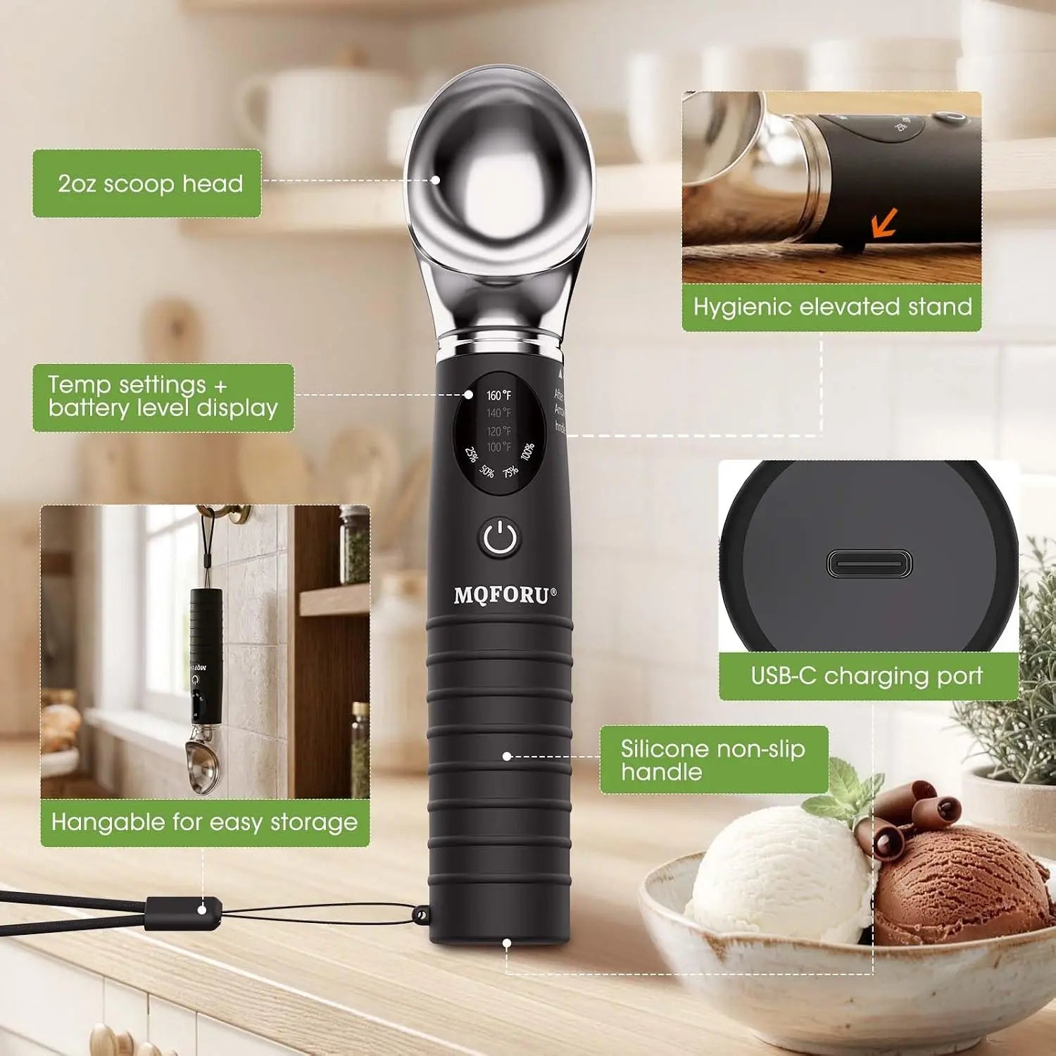 Heated Ice Cream Scoop with Removable Head, 4 Adjustable Temperature Settings & LED Display, Easy to Clean,Rechargeable Electricice Icecream Spoons Perfect for Hard Ice Cream,Frozen Yogurt, Sorbet, Gelato Perfect Gift for Mom, Grandma & Ice Cream Lovers