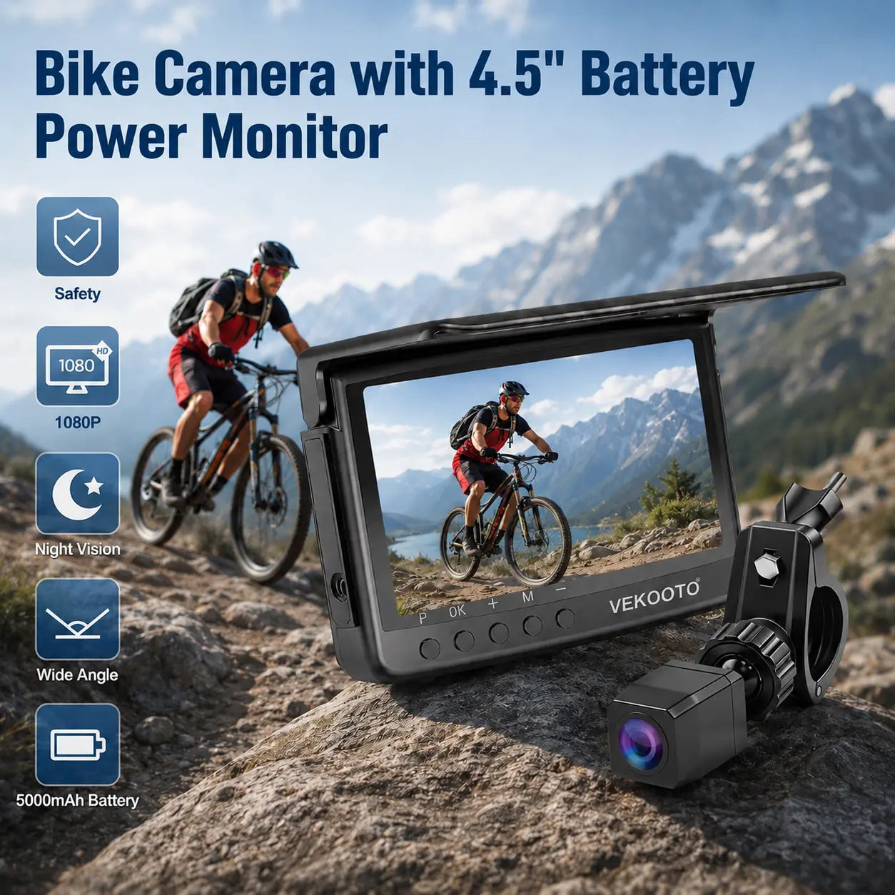 VEKOOTO VB5 Bike Camera Set Rechargeable Battery 4.5'' HD 1080P Monitor Color Night Vision 3 Mins Easy Installation Wide View Handlebar Bicycle Rear View Camera for Mountain E-Bike