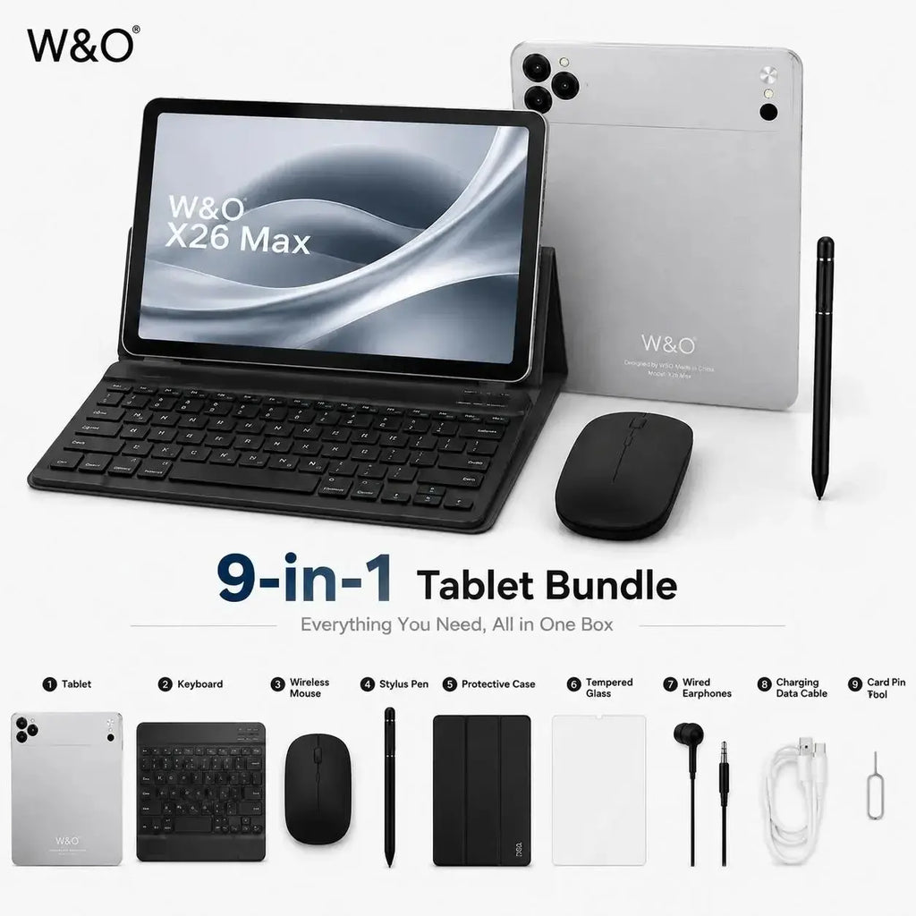 W&O X17 Ultra 7-In-1 Tablet Bundle, 10.1" Android 15 Tablet, 8GB RAM + 256GB ROM, Keyboard Mouse Stylus Case Included, 16MP Rear + 5MP Front Camera, 8000Mah Battery, Portable Tablet for Students, Work, Online Classes & Entertainment Cam Dual
