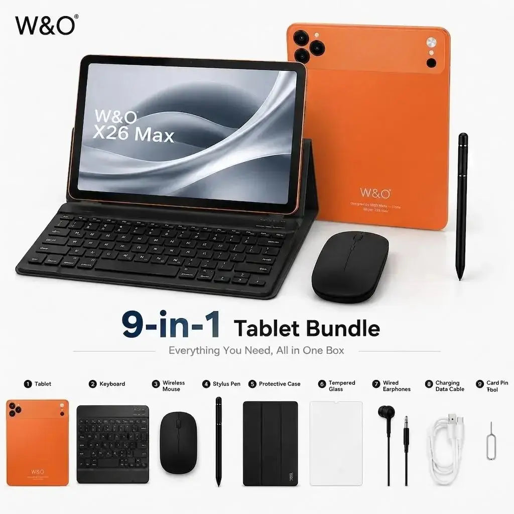 W&O X17 Ultra 7-In-1 Tablet Bundle, 10.1" Android 15 Tablet, 8GB RAM + 256GB ROM, Keyboard Mouse Stylus Case Included, 16MP Rear + 5MP Front Camera, 8000Mah Battery, Portable Tablet for Students, Work, Online Classes & Entertainment Cam Dual