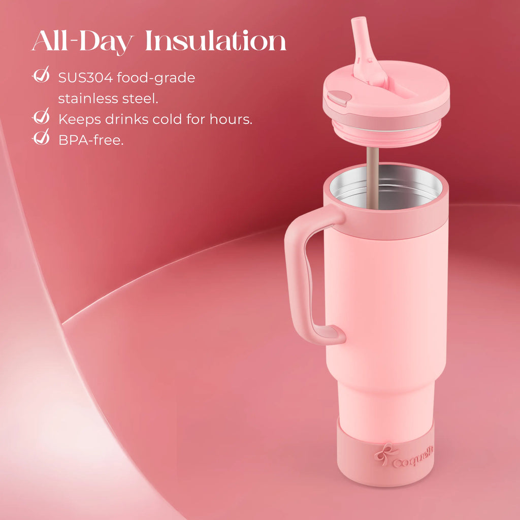 Coquella 40 Oz Insulated Tumbler with Handle and Push-Button Straw Lid, Stainless Steel Travel Cup for Gym Office, Leakproof, Bpa-Free, Cup Holder Friendly, Bow Silicone Boot, Pink (Rose Quartz)