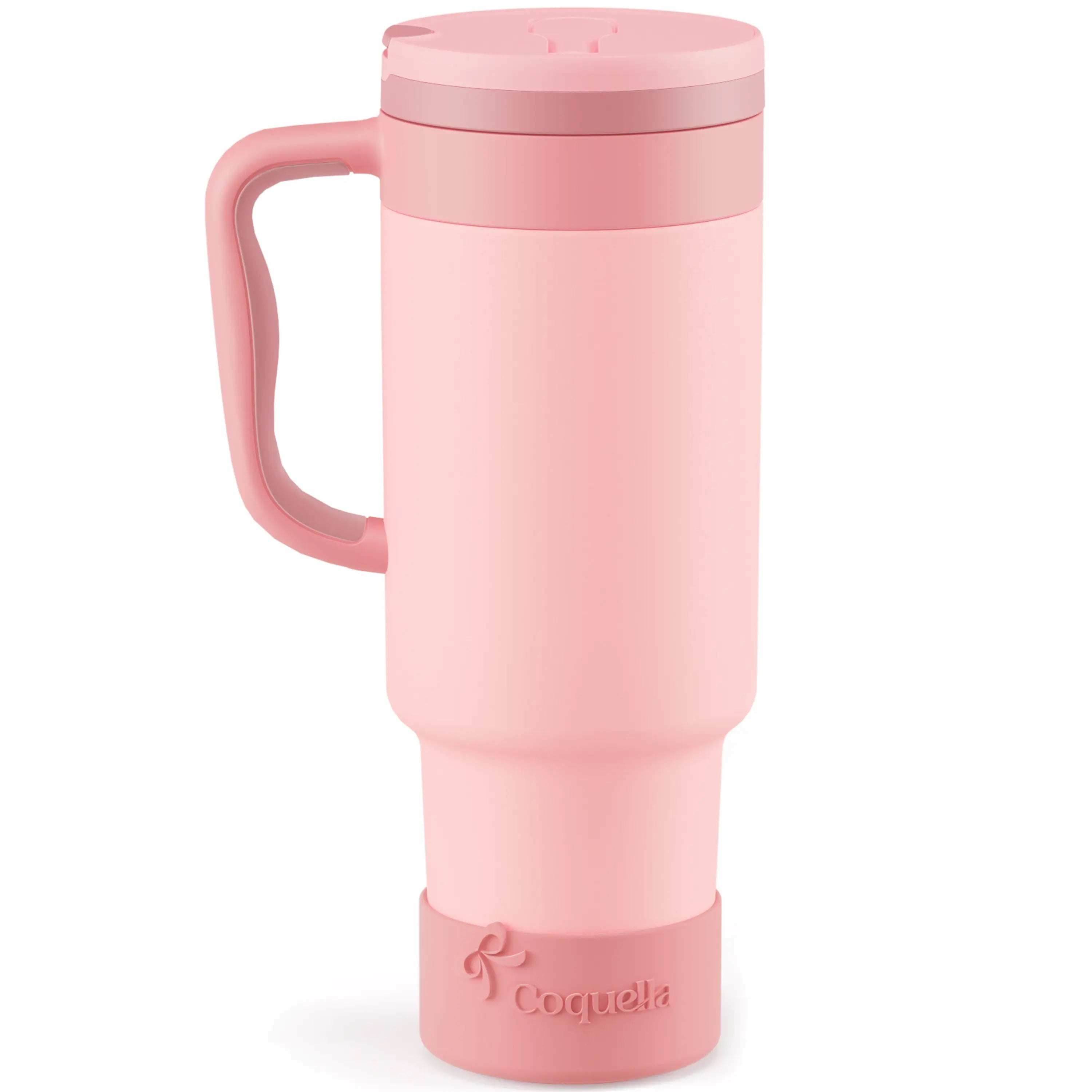 Coquella 40 Oz Insulated Tumbler with Handle and Push-Button Straw Lid, Stainless Steel Travel Cup for Gym Office, Leakproof, Bpa-Free, Cup Holder Friendly, Bow Silicone Boot, Pink (Rose Quartz)
