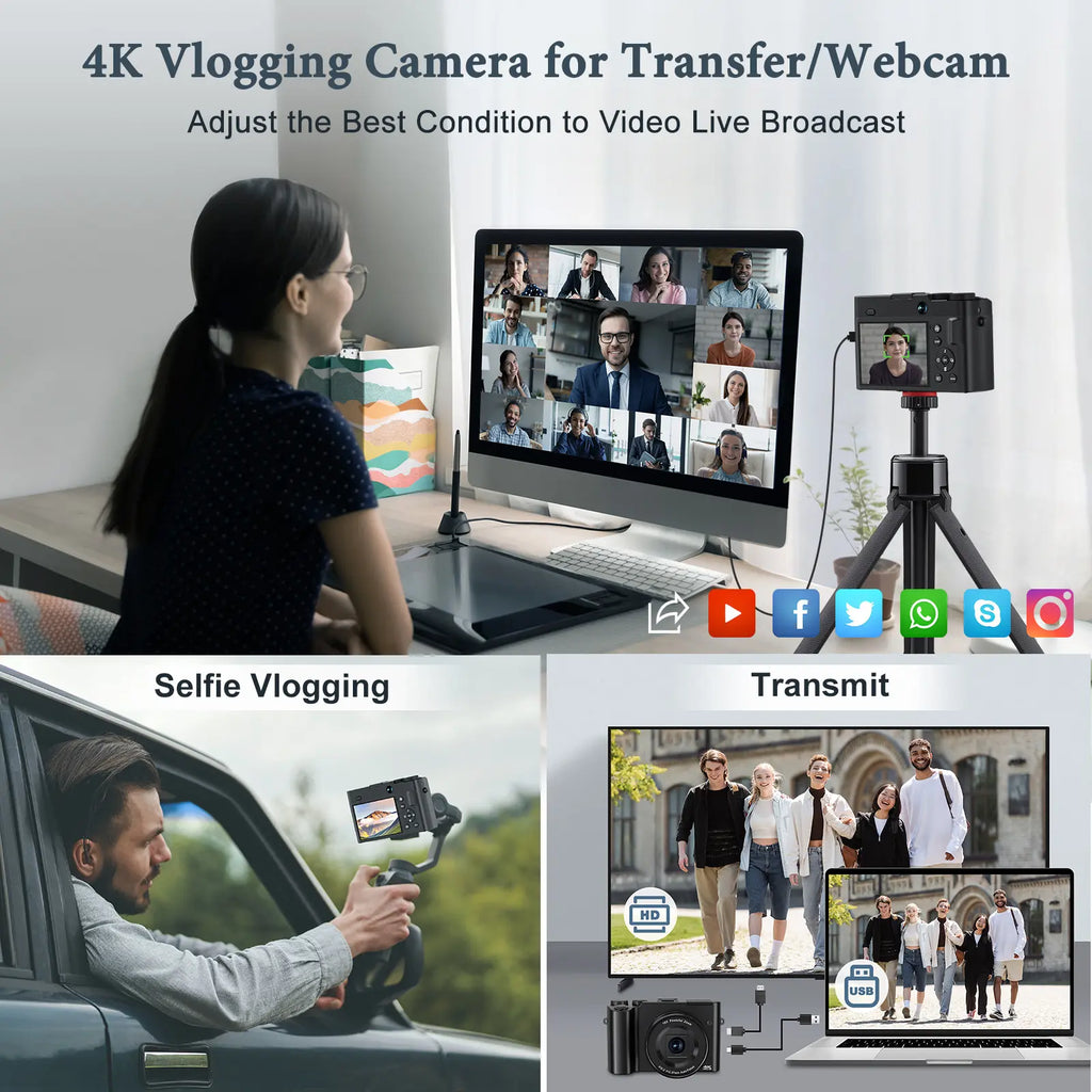Zostuic Digital Camera 4K 64MP Vlogging Camera with Autofocus Dual Lens 6-Axis Anti-Shake 16X Zoom Compact Camera for Students Beginners Travel Record Perfect Holiday Gift.
