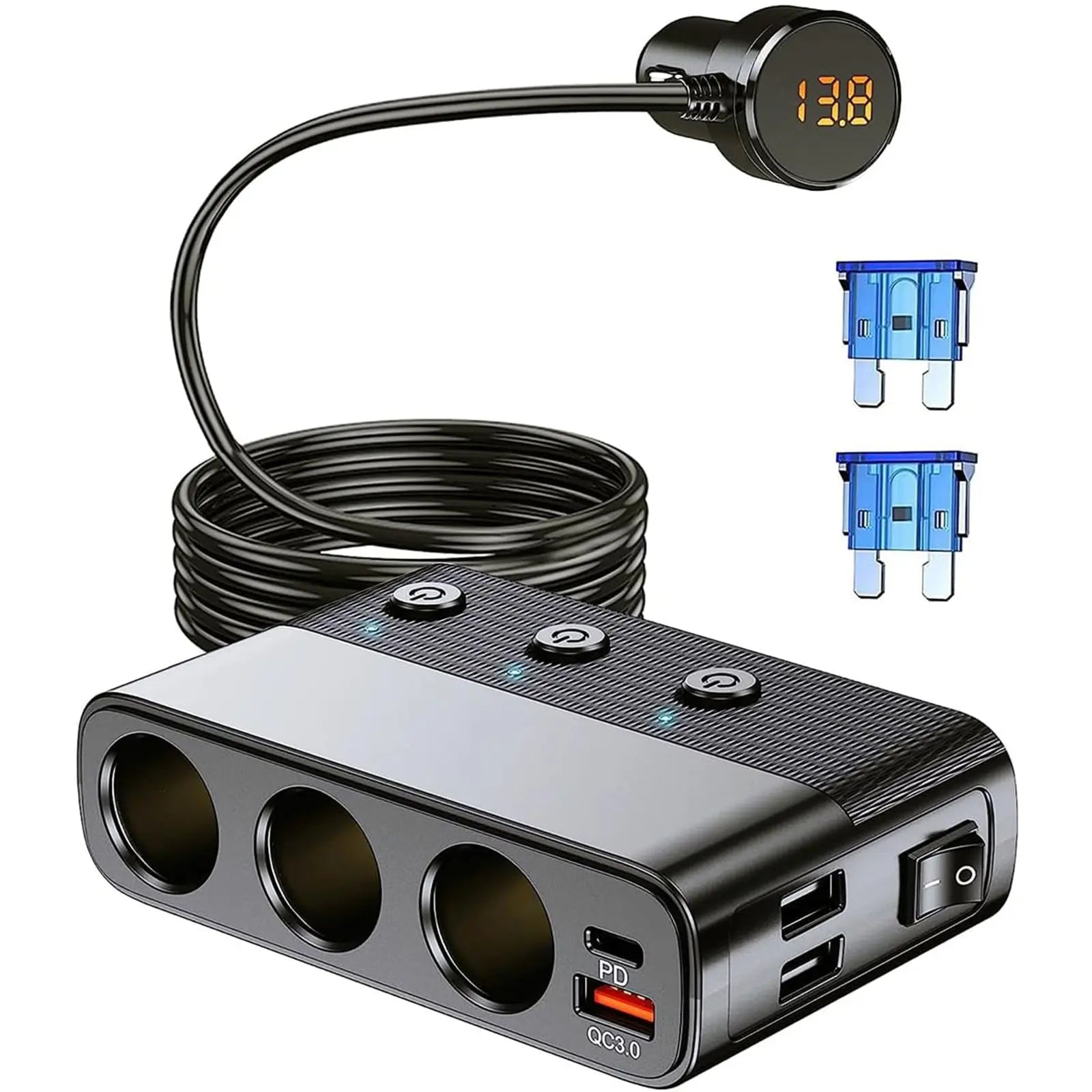 7-In-1 Car Charger Adapter, Automotive Charger, Car Adapters, Type-C Qc3.0 PD 30W Fast Charging, Usb Powered Charging, Dual USB Ports, Usb Car Connector, LED Voltage Display, 12V/24V Plug, 3.3Ft Cable, Multifunctional Charger