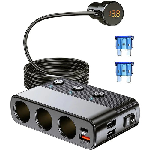 7-In-1 Car Charger Adapter, Automotive Charger, Car Adapters, Type-C Qc3.0 PD 30W Fast Charging, Usb Powered Charging, Dual USB Ports, Usb Car Connector, LED Voltage Display, 12V/24V Plug, 3.3Ft Cable, Multifunctional Charger