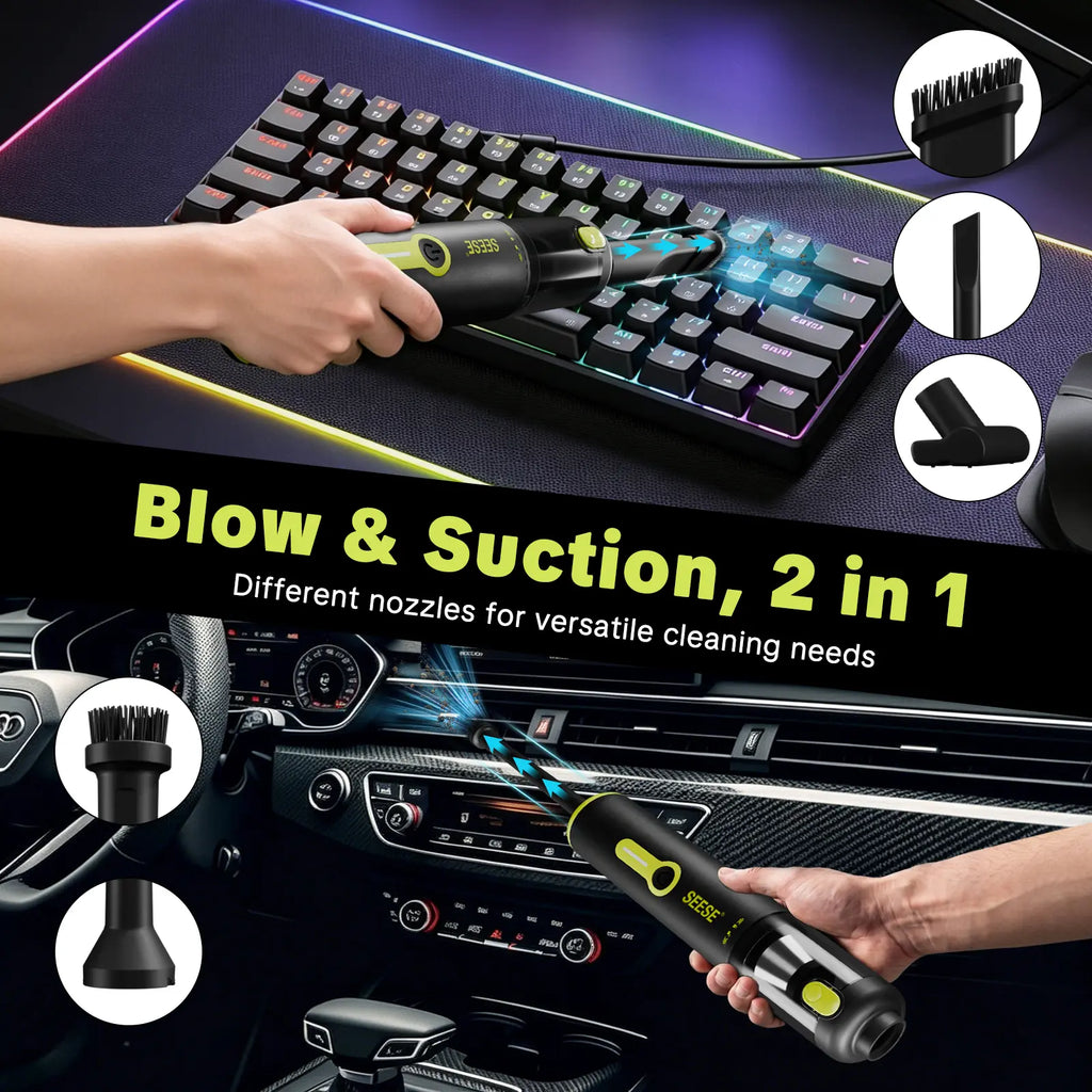 SEESE Car Vacuum Portable Cordless, 20000Pa 2 in 1 Vacuum Cleaner&Air Duster, 100W Brushless Motor Handheld Vacuum Cordless with 6000Mah Battery, Multi-Nozzles for Car, Home, Office, Pet