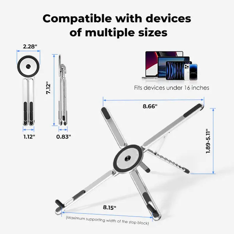 Viozon Portable Laptop Stand for Desk, Foldable Adjustable Computer Riser with Magnetic Phone Holder, Aluminum Laptop Stand for 10–16” Laptops & 4–13” Phones/Tablets (Silver)