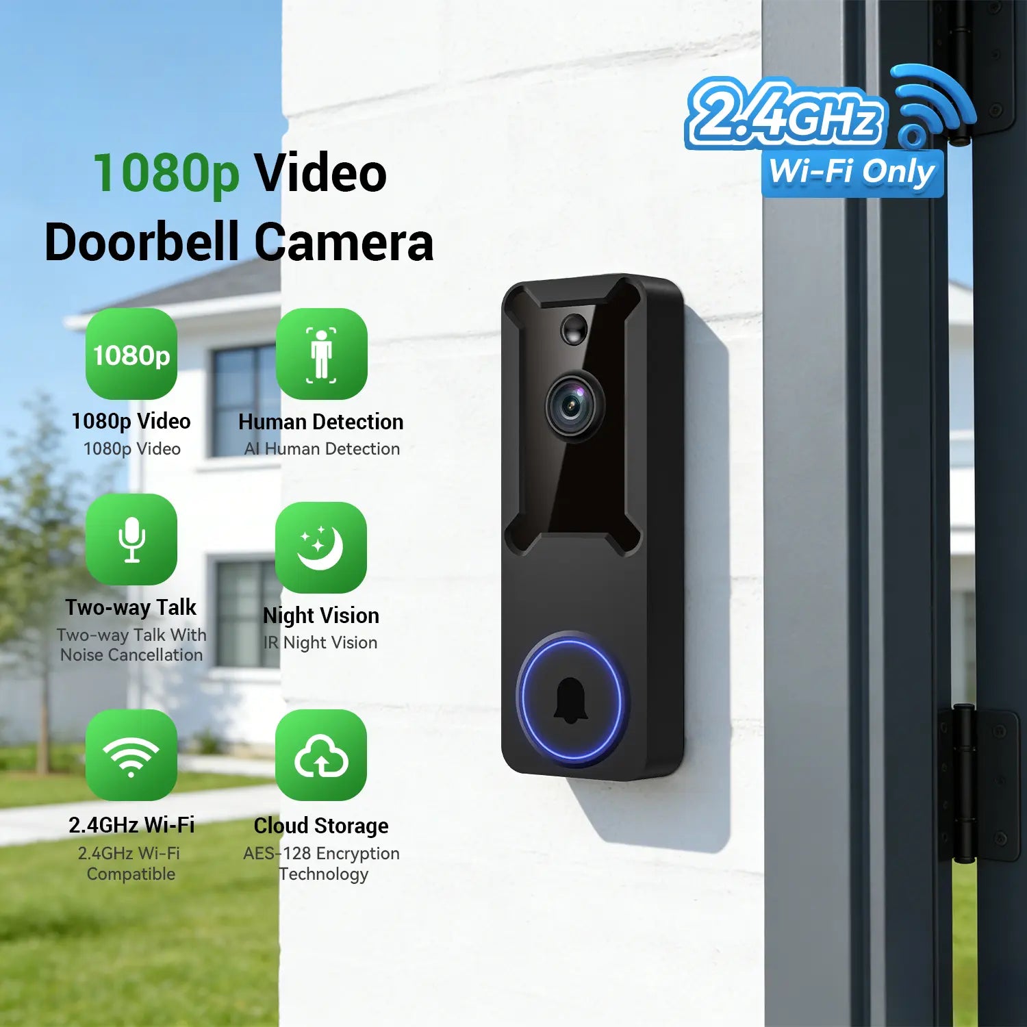 Wireless Wi-Fi Video Doorbell Camera - 1080P Smart Home Security Cam with 2-Way Audio, Night Vision, 2.4G Wifi Only, PE Build, Rechargeable Batteries, Motion Sensor, Real-Time Interaction for Outdoor Security Solutions