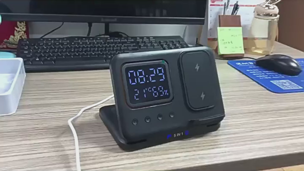 Station de Charge Sans Fil 5-en-1 15W – Horloge LED, Température & Humidité, Charge Rapide Téléphone Montre Écouteurs, Noir/Blanc