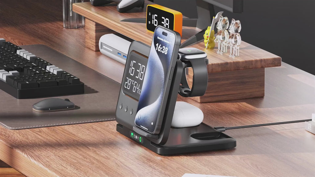 Station de Charge Sans Fil 5-en-1 15W – Horloge LED, Température & Humidité, Charge Rapide Téléphone Montre Écouteurs, Noir/Blanc