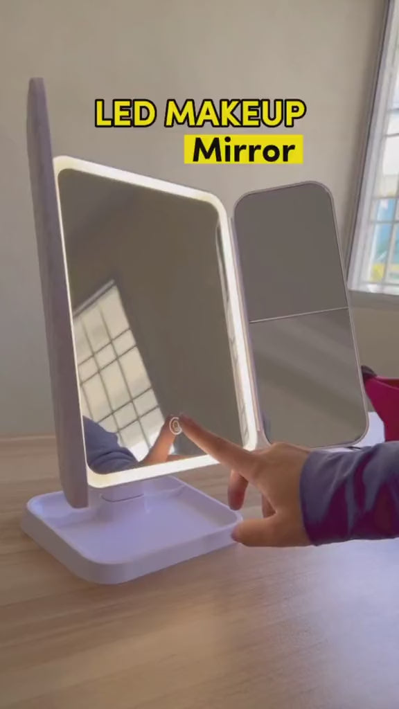 Miroir Maquillage LED Triptyque – Rotation 180°, Grossissement 1X/2X/3X, Lumière Tricolore Dimmable, Rechargeable USB, Blanc/Rose/Noir