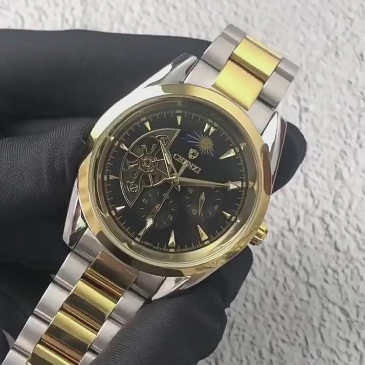 Montre Homme Business Quartz – Lumineux, Phase de Lune, Indication 24H, Étanche 30M, Bracelet Acier Inoxydable